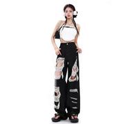 CABULE Oversize Jeans Black Pants for Women Summer High Waist Ripped Jeans Korean Fashion Streetwear Y2K Baggy Pants-Black-L