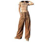 CABULE Retro raw edge design straight-leg jeans for women, slim floor-length trousers, brown wide-leg trousers-dark brown-S