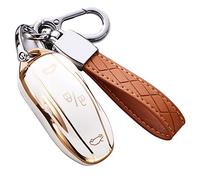 Cacacar for Tesla Model X Key Fob Cover with Keychain, Full Cover Protection Key Fob Case Premium Soft TPU Smart Remote Key Holder (Ivory)
