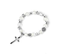 CACALOSS 8MM Blue Crystal Bracelet Jesus Cross Rosary Bracelet for Baptism Prayer Eucharist Gift, 4.53IN, Crystal