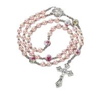 CACALOSS 8mm Catholic Rose Beaded Cross Pendant Rosary Necklace Suitable For Men And Women