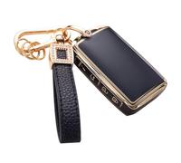 CACARLIKE Mazda Key Fob Cover with Leather Lanyard, Black+Gold Keychain for Mazda 3 Hatchback CX-5 CX-30 CX-12 Smart Key Protector Holder