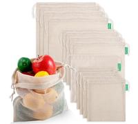 CACASO 12+1 Pack Reusable Produce Bags, Cotton Mesh Produce Bags Reusable Washable, Grocery Bag, Double-Stitched Vegetable Bag with Drawstrings for Shopping, Transporting and Storing(4xS, 4xM, 4xL)