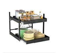Cachpib Pull Out Cabinet Storage Organizer Kitchen Cupboard Drawers with Frame, Peel and Stick, 2 Tier Expandable Slide Out Drawers for Kitchen Pantry Organization Adjustable Width 32-57Cm
