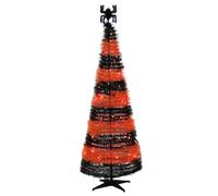 Cackle & Co 6ft Pop Up Pre-Lit Halloween Tree with 100 Warm LED Lights, Black and Orange Striped Tinsel, Spider Topper, Collapsible Frame, Easy Assembly Indoor Decoration for Halloween Parties