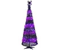 Cackle & Co 6ft Pop Up Pre-Lit Halloween Tree with 100 Warm LED Lights, Black and Purple Striped Tinsel, Spider Topper, Collapsible Frame, Easy Assembly Indoor Decoration for Halloween Parties