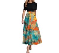 Cacktail Dresses for Women UK Crew Neck Short Sleeve Patchwork Ruffle Hem Maxi Dress Ladies Elegant High Waisted A-Line Swing Party Wedding Guest Dress