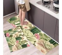 Cacti And Succulents Kitchen Rug Set 2 Pieces, Non-Slip and Washable Kitchen Runner Mat Desert Landscape Standing Mats for Hallway, Dining Room and Entryway - 40x60cm+40x120cm, Sage Green