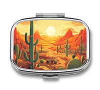 Cactus at Sunset 2 Compartment Pill Box, Portable Pill Organizer for Pocket Pills or Purse, Decorative Metal Medicine and Vitamins Organizer