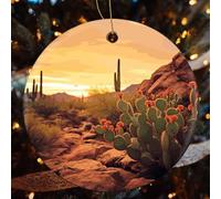 Cactus at Sunset Poster Ceramic Christmas Ornaments - 1 Pcs Rustic Round Xma Tree Decor with Hanging String, Personalized Vintage Double-Sided Holiday Party Decorations for Xmas Gifts