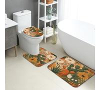 Cactus Bathroom Mat Sets 3 Piece, Rustic Orange Floral Absorbent Non Slip Toilet Rugs U Shaped Washable, Autumn Botanical Quick Dry Flannel Bathroom Rug Set