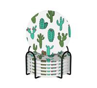 Cactus Cacti Cactus Design,Round Ceramic Coasters, Mugs Pad, Cups Mat Set of 6 Drinks Coasters With Holder