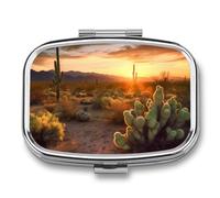 Cactus Desert Sunset Pill Box 2 Compartments Portable Travel Pill Case Mini Medicine Organizer for Pocket Purse Metal Waterproof Medicine Container Holder Vitamin Fish Oil