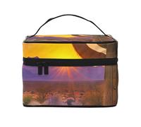 Cactus Desert Sunset Print Travel Portable Makeup Case Versatile Zipper Makeup Bag Large Capacity Polyester Black One Size, Black/White, One Size