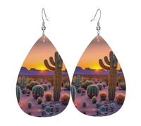 Cactus Desert Sunsets Printed Teardrop Leather Earrings, Fashion Water Drop Dangle Accessory for Holiday Party