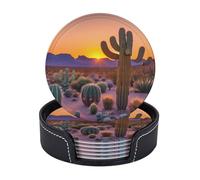 Cactus Desert Sunsets Round Drink Coasters Set of 6 with Holder, Circular Table Mats for Home Kitchen Office Decor
