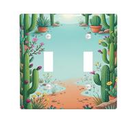 Cactus Double Light Switch Cover Plate, Tropical Landscape Flower Path Summer Green Plastic Standard Size Toggle Light Switch Cover for Home Living Room New Apartment Decor