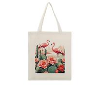 Cactus Flamingo Rose Flowers Cotton Polyester Blend Canvas Carryall Bag | Cactus Flamingo Rose Flowers Reusable Fabric Handbag for Grocery Travel Daily Errands Multipurpose Storage Carry Tote