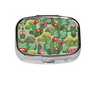 Cactus Floral Bloom Print Square Metal Pill Box Decorative Pill Case - Carry Your Meds in Style (Rectangular)