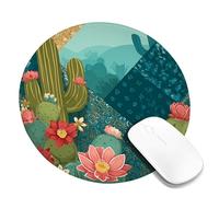 Cactus Floral Decorative Mouse Pad, Green Blue Desert Plants Stitched Edge Mousepad, Rubber Non-Slip Washable Gaming Mouse Pad for Home and Office Computer, Laptop Round 8x8 Inch