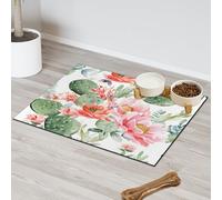 Cactus Flower Bloom Absorbent Dog Food Mat with Non-Slip Backing, 16 x 24 inch Feeding Mat for Puppy Cat Bowls, Spill-Proof Pet Diner Placemat for Kitchen Floors