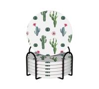 Cactus Flower Succulent Cacti,Round Ceramic Coasters, Mugs Pad, Cups Mat Set of 6 Drinks Coasters With Holder