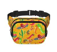 Cactus Hat and Chili Pepper Print Fashion Waist Packs Square Layer Waist Bag Black Belt Bag with Adjustable Strap, Black, One Size