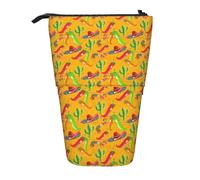 Cactus Hat and Chili Pepper Print Telescopic Pencil Case Adjustable Lightweight Office Stationery Organizer Pouch