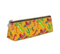 Cactus Hat and Chili Pepper Printing Triangular Leather Pencil Case with Zipper Pen Pouchfor Boys Girls Pupil for Work and School
