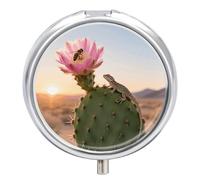 Cactus in Bloom Pill Box 3 Compartment Round Metal Pill Organizer Portable Mini Travel Medicine Case with Mirror Cute Medicine Container Holder for Pocket Purse