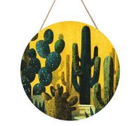 Cactus In The Desert Night Mid-Century Wooden Welcome Sign For Front Door,30cm Round Hanging Wall Sign Plaque Farmhouse Decorations