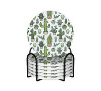 Cactus In White Background Pattern,Round Ceramic Coasters, Mugs Pad, Cups Mat Set of 6 Drinks Coasters With Holder