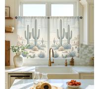 Cactus Kitchen Curtains, Southwestern Nature Desert Clouds Summer Green Patterned Curtains for Kitchen Window Over Sink 26x36 Inch