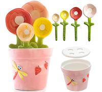 Cactus Measuring Spoons Set in Pot Ceramic Baking Measuring Spoons Cups with Holder for Dry Wet Ingredients Cute Cactus Figurine Dishwasher Safe Unique Gift (Pink Flower)
