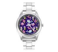 Cactus Narwhal Rainbow Ice Cream Pattern Men's Casual Watch with Stainless Steel Strap Alloy Quartz Wrist Watches