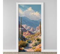 Cactus Plant Mountains Door Mural, Desert Road Landscape Murals Stickers 90x200 cm, Dune Rock Clouds 3D Door Stickers Vinyl Self-Adhesive Peel and Stick Bedroom Living Room Door Decoration A5j48
