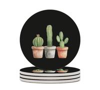 Cactus Potted Plants Round Ceramic Coasters Non-Slip Cork Base Drinks Holder Craft 4PCS