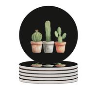 Cactus Potted Plants Round Ceramic Coasters Non-Slip Cork Base Drinks Holder Craft 6PCS