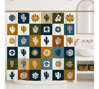 Cactus Shower Curtain, Bohemian Modern Flower Geometric Summer Teal Washable with Hooks Decorative Bathroom Curtain for Bathroom Toile Guest Room Decor 72x84 Inch