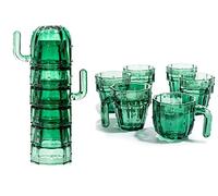 Cactus Stackable Glasses, Stacktus Gifts, Set of 6-10 oz Cactus Shape Glasses With Handles Green Glass Blown Figurines Plant Decorations for Parties 5" H 5" W - Copyright Design, Patent Pending
