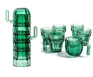 Cactus Stackable Glasses, Stacktus Gifts, Set of 6-10 oz Cactus Shape Glasses With Handles Green Glass Blown Figurines Plant Decorations for Parties 5" H 5" W - Copyright Design, Patent Pending