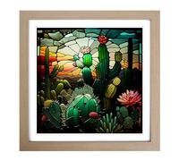 Cactus Stained Glass Effect Framed Wall Art Print, Ready to Hang Picture for Living Room Bedroom Home Office, Oak 18 x 18 Inch (45 x 45 cm)