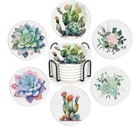 Cactus Succulent Flower Set of 6 Coasters Absorbent Ceramic Drink Mats with Cork Base & Metal Holder, Spill Protectors for Mugs/Cups, Cheerful Home/Bar Decor