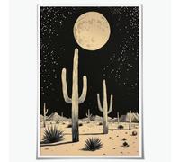 Cactus under moon in desert wall art print Cactus under moonlight nighttime desert scene black and cream minimalist abstract western art aesthetic Unframed8x12inch