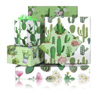 Cactus Wrapping Paper 6 Sheets with Ribbon Set, Green Cacti with Pink Flowers Tropical Potted Plant Succulent Print Folded Flat Gift Wrap Paper for Women Men Summer Theme Party Birthday DIY Craft