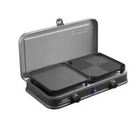CADAC 2 Cook 2 Pro Deluxe QR Gas BBQ & Camping Stove, Dual Burner Portable Gas Cooker with Flat & Ribbed Ceramic Grill Plates, Quick Release Coupling, Carry Bag Included