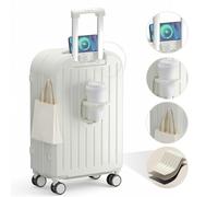 cadciehe 20 Inch Suitcase Hard Shell Spinner Wheel Luggage with USB Interface Cup Holder Hanging Hook and Code Lock Silent Spinner Wheel Luggage Suitcase White