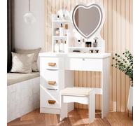 cadciehe Dressing Table with LED Lights Makeup Vanity Desk with LED Lighted Heart Mirror, Vanity Table with 4 Drawers and Opening Shelves, Bedroom Dressing Table with Stool White