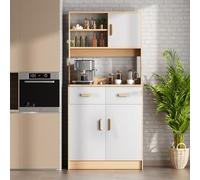 cadciehe Kitchen Pantry Storage Cabinet, Freestanding Hutch Cabinet with Buffet Cupboard, Utility Pantry with Microwave Stand, Tall Kitchen Cabinets with 2 Drawers 3 Doors and Open Shelves Wooden Col