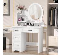 cadciehe Makeup Desk with Mirror, Dressing Table with LED Lights, Vanity Desk with Storage Shelves, 4 Drawers, Wooden Modern Bedroom Dresser Makeup Vanity Table with Light, Bedroom Makeup Table for W